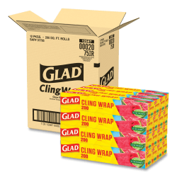 Glad® ClingWrap Plastic Wrap, 200 Square Foot Roll, Clear, 12 Rolls/CT