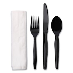 Boardwalk® 4-Piece Cutlery Kits, Fork/Knife/Napkin/Teaspoon, Black, Carton Of 250 Kits