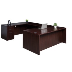 Boss Office Products 71"W Executive U-Shaped Desk With Box/Box/File Storage Pedestal, Mahogany