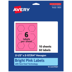 Avery® Print-To-The-Edge Labels With Sure Feed® Technology, 94121-BPP10, Hexagon, 2-1/2" x 2-57/64", Matte Bright Pink, Pack of 60