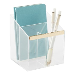 Realspace® Vayla Acrylic 3-Compartment Pen Holder, 4-7/8"H x 4"W x 4-1/8"D, Clear/Gold