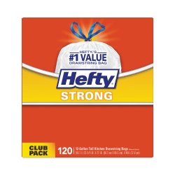 Hefty® Strong Tall Kitchen Drawstring Bags, 13 gal, 24" x 27.75", White, 120/Box