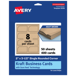 Avery® Print-To-The-Edge Business Cards With Sure Feed® Technology, 2"x3-1/2" Rectangle Single Rounded Corner, Kraft Brown, Pack Of 400