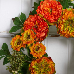Nearly Natural Peony And Mum 24"H Plastic Wreath, 24"H x 24"W x 3"D, Orange