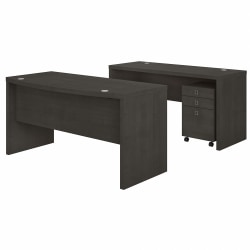 Office by Kathy Ireland® Echo 60"W Bow-Front Computer Desk And Credenza With Mobile File Cabinet, Charcoal Maple, Standard Delivery