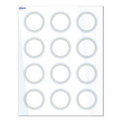 Avery® Print-To-The-Edge Labels With Sure Feed® Technology, S00-D2G-PRWGP10, Round, 2", Glossy White, Preprinted Blue Border with Gold Dots Design, Pack Of 120