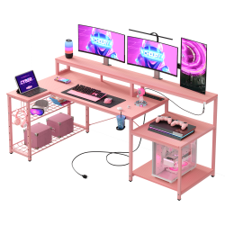 Bestier 72"W Computer Desk With Power Outlets, Monitor Stand And LED Lights, Pink