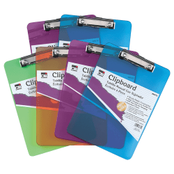 Charles Leonard Transparent Plastic Clipboards, 9" x 12 1/2", Assorted Colors, Pack Of 6