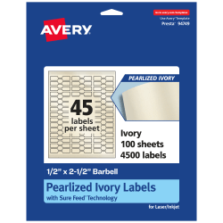 Avery® Pearlized Permanent Labels With Sure Feed®, 94749-PIP100, Barbell, 1/2" x 2-1/2", Ivory, Pack Of 4,500 Labels