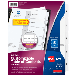 Avery® Ready Index® 1-5 Tab With Customizable Table Of Contents Dividers, Letter Size, 5 Tab, White, 1 Set