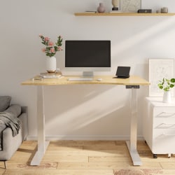 FlexiSpot E7 Electric 55"W Height-Adjustable Standing Desk, Bamboo/White