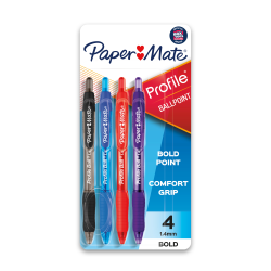 Paper Mate® Profile™ Retractable Ballpoint Pens, Bold Point, 1.4 mm, Translucent Barrel, Assorted Ink Colors, Pack Of 4