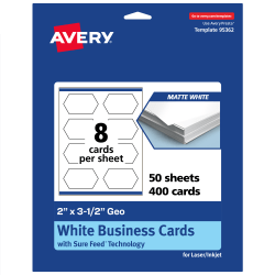 Avery® Print-To-The-Edge Business Cards With Sure Feed® Technology, 2"x3-1/2" Geo, Matte White, Pack Of 400