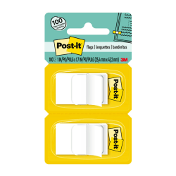 Post-it® Flags, 1" x 1 -11/16", White, 50 Flags Per Pad, Pack Of 2 Pads