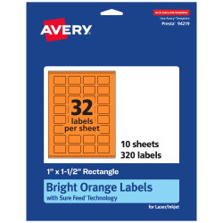 Avery® Print-To-The-Edge Labels With Sure Feed® Technology And Easy Peel® Label Feature, 94219-BOP10, Rectangle, 1" x 1-1/2", Matte Bright Orange, Pack of 320