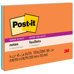 Post-it® Super Sticky Notes, 8" x 6", Energy Boost Collection, 4 Pads/Pack, 45 Sheets/Pad