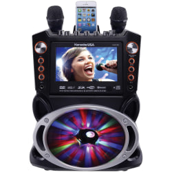 Karaoke USA GF946 Bluetooth Karaoke Machine With Synchronized LEDs, 10"H x 13"W x 17-13/16"D, Black