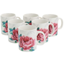 Martha Stewart Decorated Floral 6-Piece Mug Set, 16 Oz, White/Pink