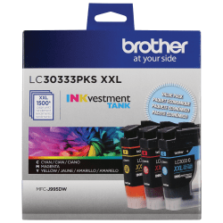 Brother® LC3033 INKvestment Tank Super-High-Yield Cyan, Magenta, Yellow Ink Tanks, Pack Of 3, LC30333PKS