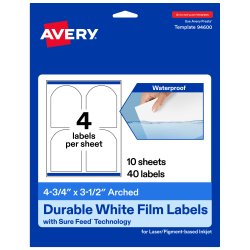 Avery® Waterproof Permanent Labels With Sure Feed®, 94600-WMF10, Arched, 4-3/4" x 3-1/2", White, Pack Of 40