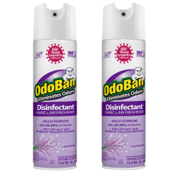 OdoBan Ready-to-Use 360-Degree Continuous Spray Disinfectant Cleaner and Odor Eliminator, Lavender Scent, 14.6 Oz, Set Of 2 Spray Cans
