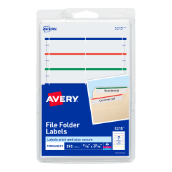 Avery® File Folder Labels On 4" x 6" Sheet With Easy Peel, 5215, Rectangle, 2/3" x 3-7/16", White With Assorted Color Bar (Dark Blue, Dark Red, Green, Yellow), Pack Of 252 Labels