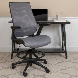 Flash Furniture High Back Mesh Spine-Back Ergonomic Drafting Chair with Adjustable Foot Ring and Adjustable Flip-Up Arms, Dark Gray