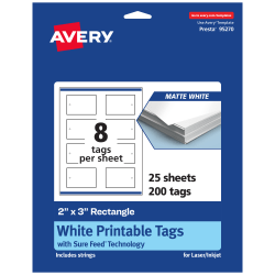 Avery® Printable Tags With Sure Feed® Technology, 95270-MWT25, Rectangle, 2" x 3", Matte White, Pack Of 200