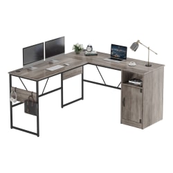 Bestier Reversible 60"W Corner Computer Desk With Storage Cabinet & Accessory Hooks, Gray Wash