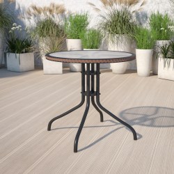 Flash Furniture Barker Round Tempered-Glass Metal Outdoor Furniture Table With Rattan Edging, 28"H x 28-3/4"W x 28-3/4"D, Clear/Dark Brown