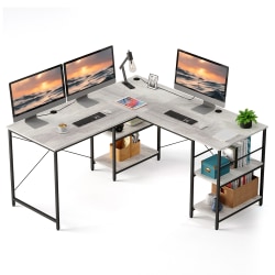 Bestier L-Shaped Corner Computer Desk With Storage Shelf, 3 Cable Holes, 60"W, Light Retro Gray Oak