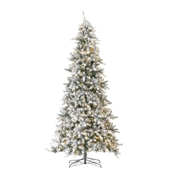 Nearly Natural Flocked Livingston Fir 132"H Artificial Christmas Tree With Pine Cones, LED Lights And Bendable Branches, 132"H x 34"W x 34"D, Green
