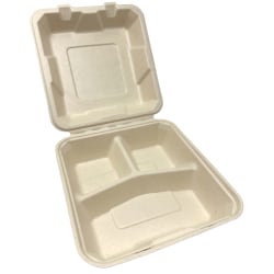 Purely Bamboo 3-Compartment To-Go Trays, 8" x 8" x 3", Beige, Pack Of 200 Trays