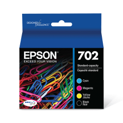 Epson® 702 DuraBrite® Ultra Black And Cyan, Magenta, Yellow Ink Cartridges, Pack Of 4, T702120-BCS