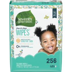 Seventh Generation® Free & Clear Baby Wipes, Refill, Unscented, White, 256 Wipes Per Pack, Carton Of 3 Packs