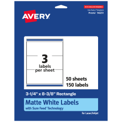 Avery® Permanent Labels With Sure Feed®, 94251-WMP50, Rectangle, 3-1/4" x 8-3/8", White, Pack Of 150