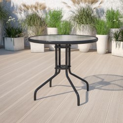 Flash Furniture Bellamy Round Tempered Glass Metal Outdoor Furniture Table, 28"H x 31-1/2"W x 31-1/2"D, Clear/Black