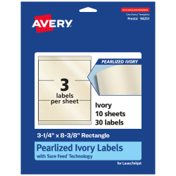 Avery® Pearlized Permanent Labels With Sure Feed®, 94251-PIP10, Rectangle, 3-1/4" x 8-3/8", Ivory, Pack Of 30 Labels