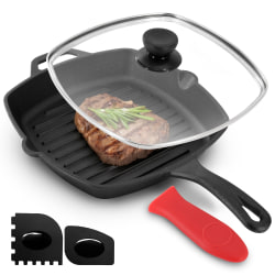 MegaChef Pre-Seasoned Cast Iron Griddle With Tempered Glass Lid, 10-7/16", Black