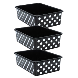 Teacher Created Resources Plastic Storage Bin, Large, White Polka Dots on Black, Pack Of 3