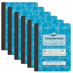 Pacon Dual Ruled Composition Book, 9-3/4" x 7-1/2", 1/4" Grid & 3/8" Wide Ruled, 100 Sheets, Blue, Pack Of 6