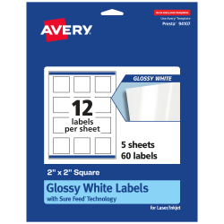 Avery® Glossy Permanent Labels With Sure Feed®, 94107-WGP5, Square, 2" x 2", White, Pack Of 60