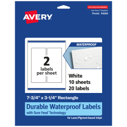 Avery® Waterproof Permanent Labels With Sure Feed®, 94260-WMF10, Rectangle, 7-3/4" x 3-1/4", White, Pack Of 20