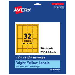 Avery® Printable Labels With Sure Feed® Technology, 94226-BYP80, Rectangle, 1-1/4" x 1-3/4", Matte Bright Yellow, Pack of 2560