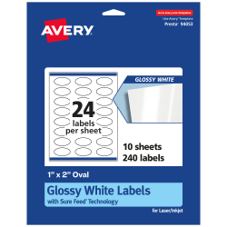 Avery® Glossy Permanent Labels With Sure Feed®, 94053-WGP10, Oval, 1" x 2", White, Pack Of 240