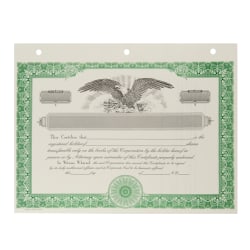 Corporate Stock Certificates, Non Personalized, 3-Hole Punched, 8 1/2 x 11", Green, Box Of 20