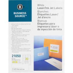 Business Source Bright White Premium-quality Address Labels - 1"x 2 5/8" - Permanent Adhesive - Rectangle - 21050