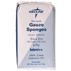 Medline Nonsterile Woven Gauze Sponges - 8 Ply - 4" Width x 4" Length - White - 200 / Box
