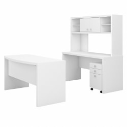 Kathy Ireland Office by Bush® Business Furniture Echo Bow-Front Desk, Credenza With Hutch And Mobile File Cabinet, Pure White, Standard Delivery