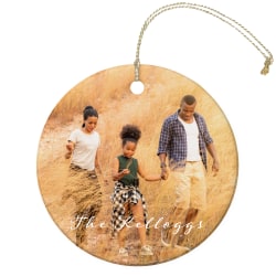 Custom Full-Color Photo Ceramic Keepsake Holiday Ornament With Gold Cord, Round Shape, 3" x 3"